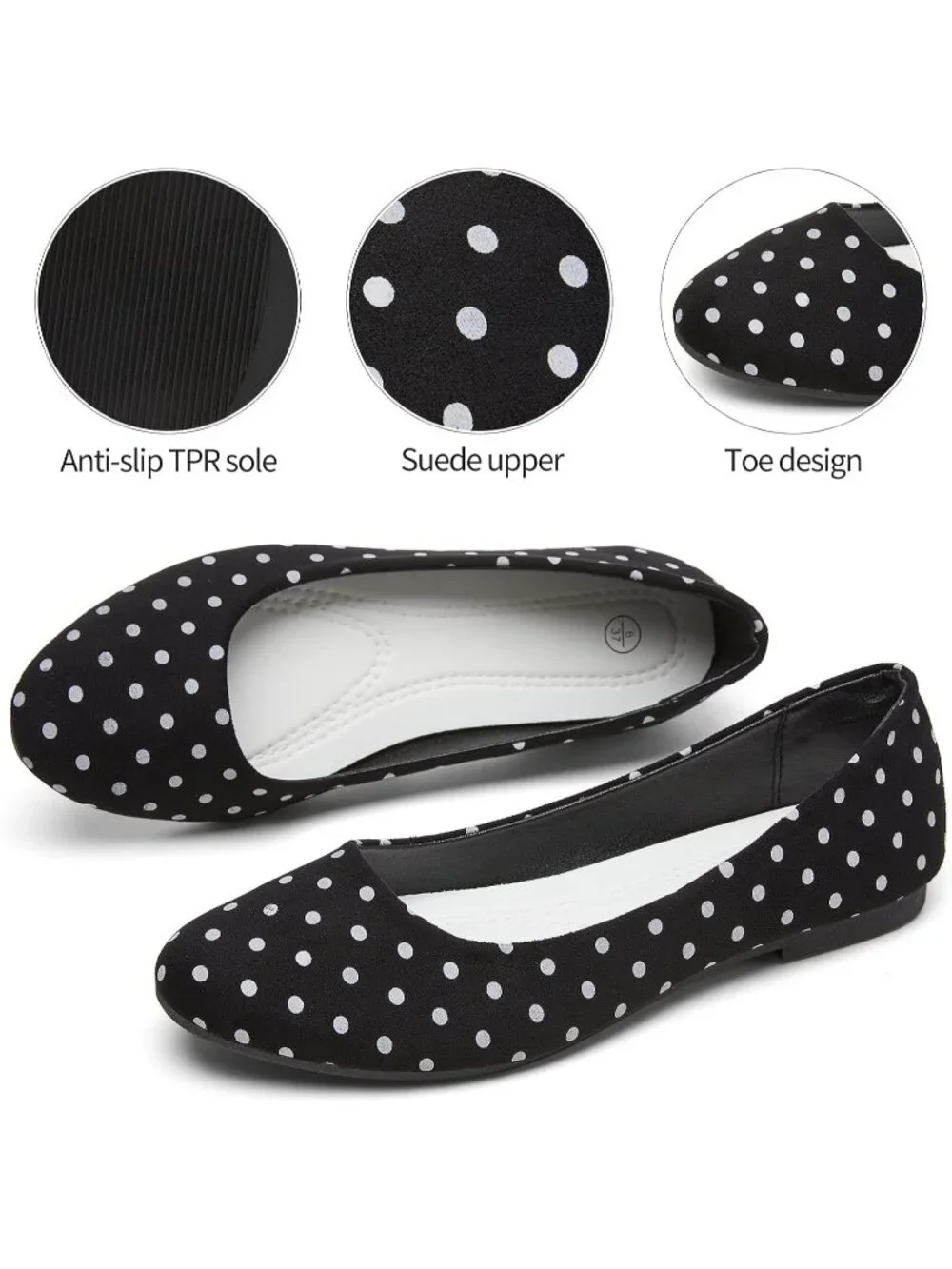 Women's Black Dot PU Leather Closed Toe Comfortable Flexible Slip On Ballet Flat